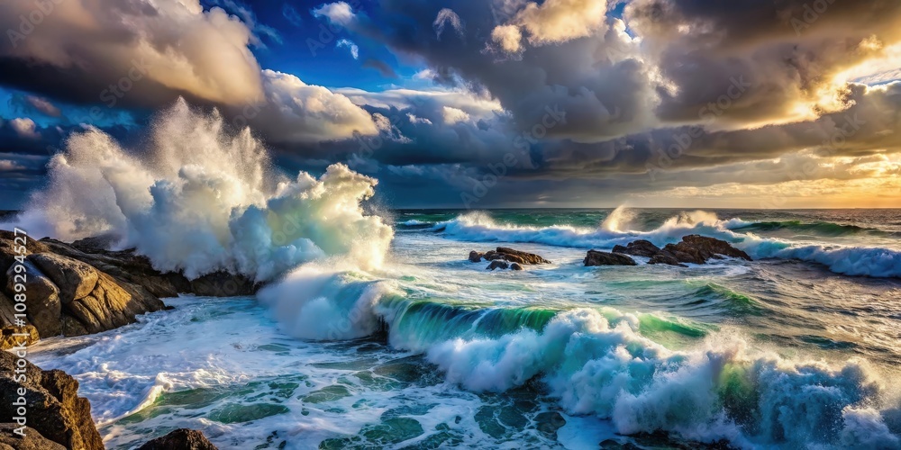 Naklejka premium A dramatic seascape featuring large waves crashing against rocky shores under a dramatic sky with sun rays breaking through clouds
