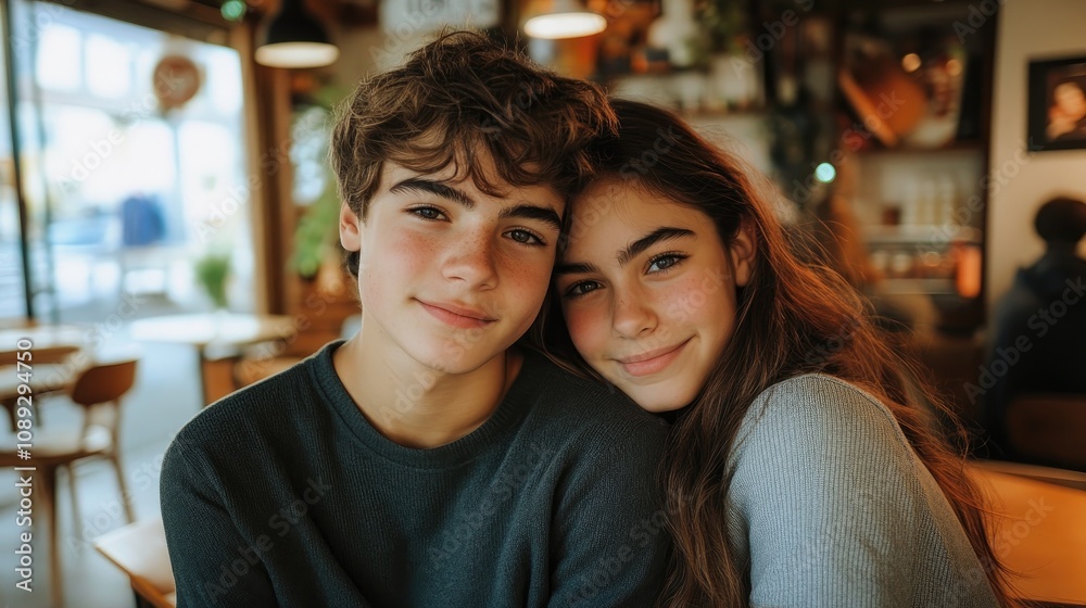 Teenage friends sharing a warm moment at a cafe, smiling at the camera, embodying the joy of friendship and youthful connection. Teenage friends sharing a warm moment at a cafe, smiling at the camera, embodying the joy of friendship and youthful connection.