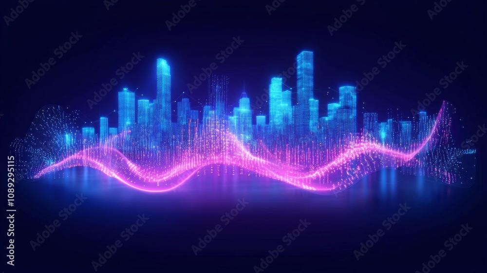 Abstract hologram 3D city rendering with futuristic matrix Abstract hologram 3D city rendering with futuristic matrix