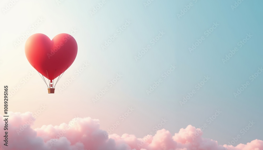 Obraz premium Whimsical Heart-Shaped Hot Air Balloon with Fluffy Cloud in Gradient.