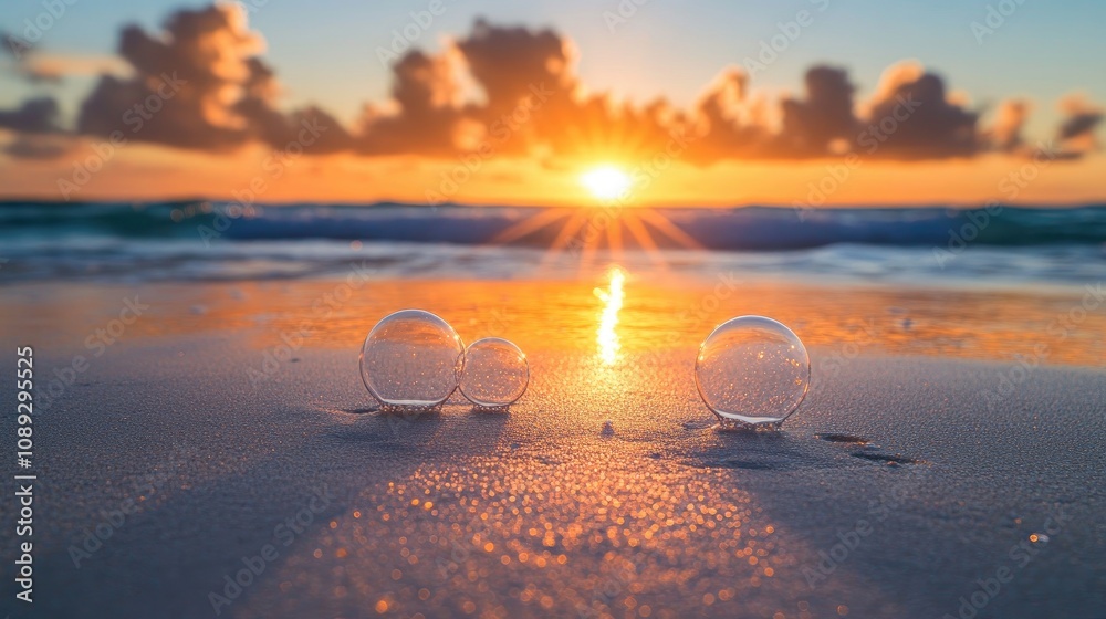Sunset over a beach with small bubbles on a sandy shore, reflecting warm colors of the sky and shimmering ocean waves. Sunset over a beach with small bubbles on a sandy shore, reflecting warm colors of the sky and shimmering ocean waves.