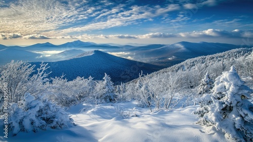 Majestic snow-covered mountain landscape with serene blue hues, featuring frosted trees and a breathtaking winter sky.