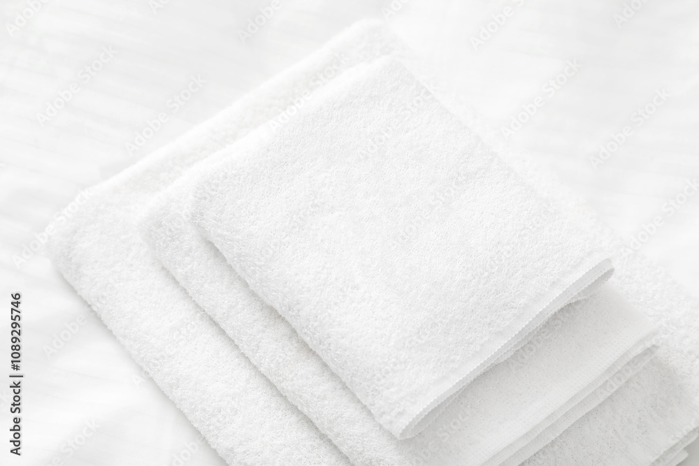 Stack of towels on clean linens indoors, closeup Stack of towels on clean linens indoors, closeup