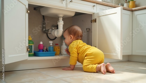 Playful Baby in Yellow Onesie Crawling Under Kitchen Sink Cabinets