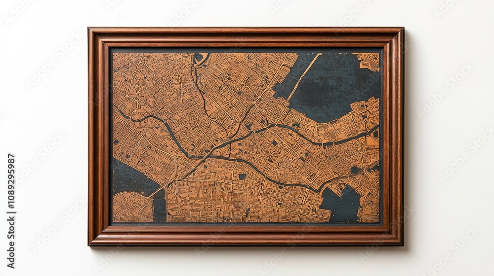 Fototapeta premium Vintage framed map of historic city home decor art display stylish living room aesthetic design concept