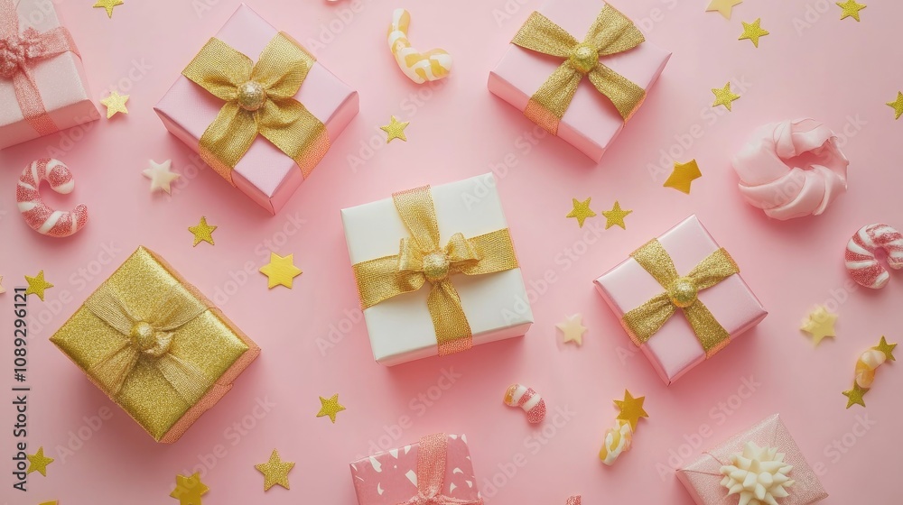 Stylish gift boxes in pink and gold with bows, serpentine, and star confetti elegantly arranged on a pastel pink tabletop for festive celebrations. Stylish gift boxes in pink and gold with bows, serpentine, and star confetti elegantly arranged on a pastel pink tabletop for festive celebrations.