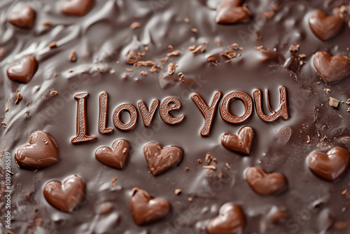 A close-up of chocolate with the words "I love you" surrounded by heart-shaped chocolates and chocolate shavings.