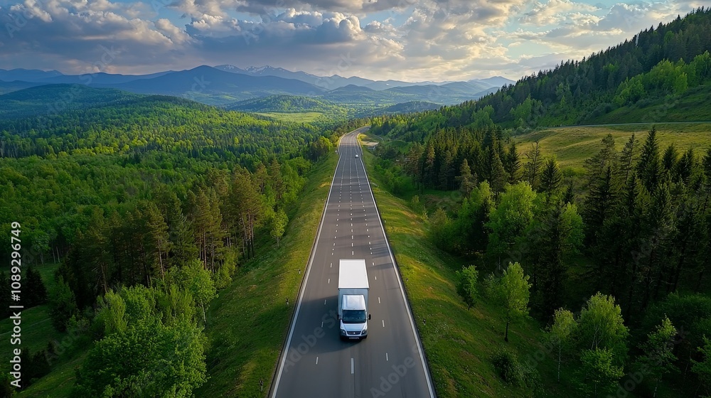 Obraz premium Scenic Van Driving on a Highway Surrounded by Lush Green Countryside and Majestic Mountains Under a Dramatic Cloudy Sky in High Fidelity Resolution