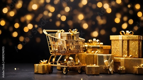 Modern festive spirit of gift shopping. Gifts wrapped in gold paper with ribbons in a basket, luxurious trinkets, golden bokeh on a black background.