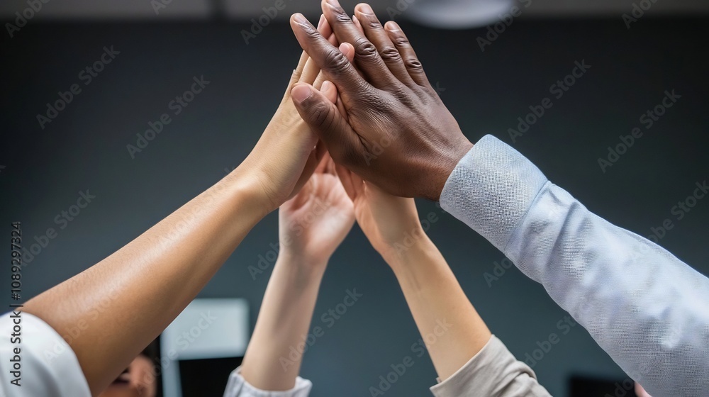 Fototapeta premium Celebratory High-Five Moment Among Coworkers During Office Gathering