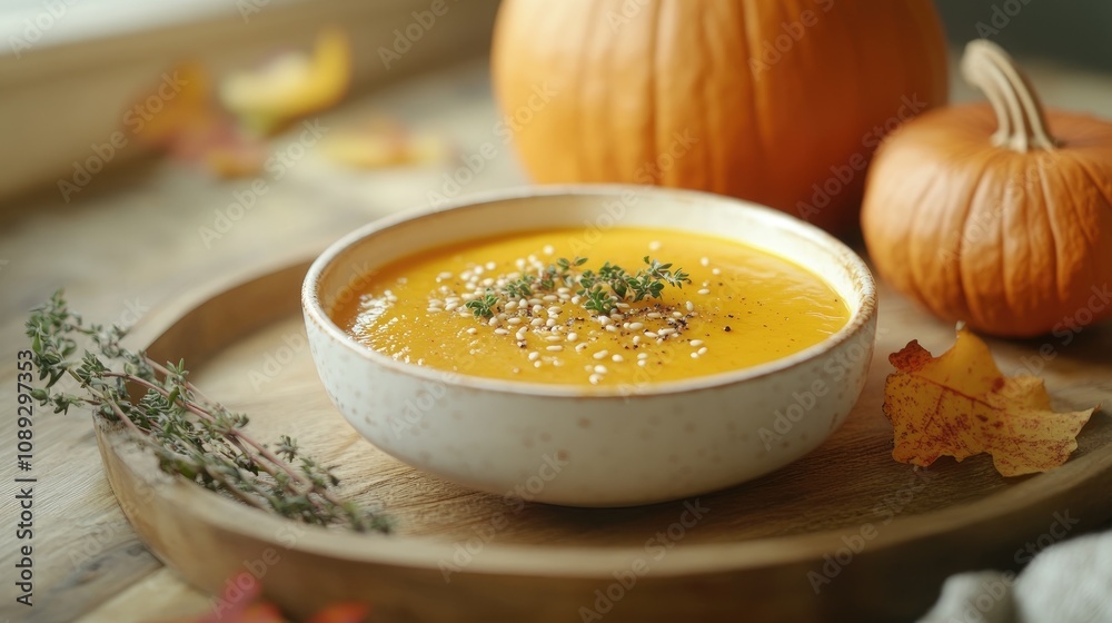 Cozy rustic tray showcasing autumn pumpkin soup topped with sesame seeds and thyme in a white bowl, surrounded by decorative pumpkins and leaves. Cozy rustic tray showcasing autumn pumpkin soup topped with sesame seeds and thyme in a white bowl, surrounded by decorative pumpkins and leaves.