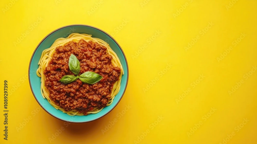 Spaghetti Bolognese topped with fresh basil in a turquoise bowl, set against a vibrant yellow backdrop, showcasing a classic Italian dish. Spaghetti Bolognese topped with fresh basil in a turquoise bowl, set against a vibrant yellow backdrop, showcasing a classic Italian dish.