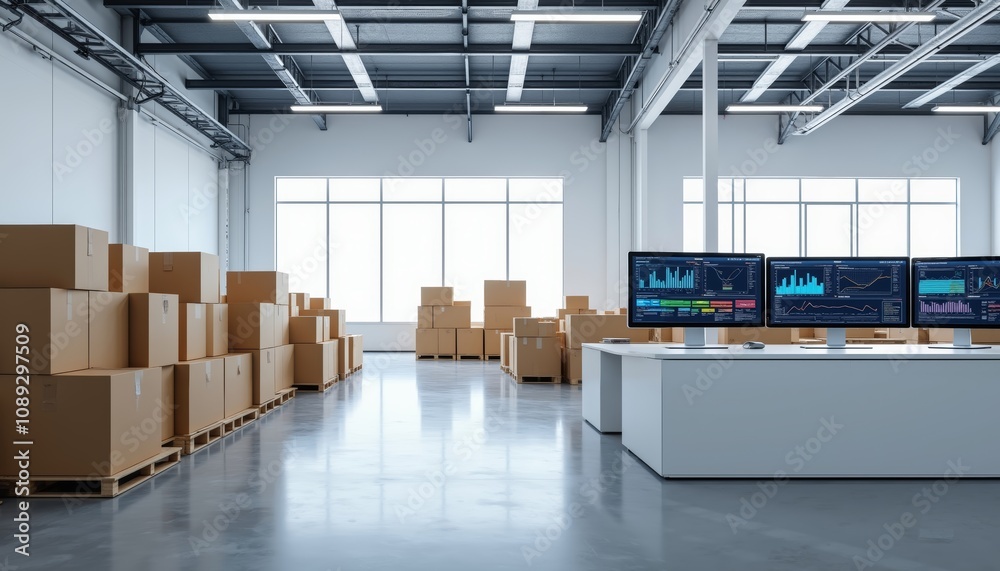 Modern Industrial Warehouse Interior with Organized Workspace and Boxes Modern Industrial Warehouse Interior with Organized Workspace and Boxes