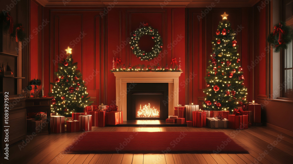 Cozy and Elegant Christmas Living Room with Two Decorated Trees, a Fire in the Fireplace, and a Festive Atmosphere Filled with Warmth and Cheer Cozy and Elegant Christmas Living Room with Two Decorated Trees, a Fire in the Fireplace, and a Festive Atmosphere Filled with Warmth and Cheer