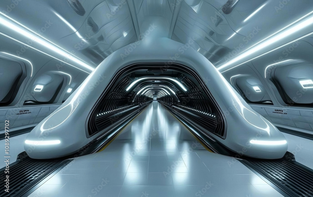 Abstract illuminated empty corridor interior design, Future concept. 3D rendering. , isolated on white background,  , copy space, copy space for text,