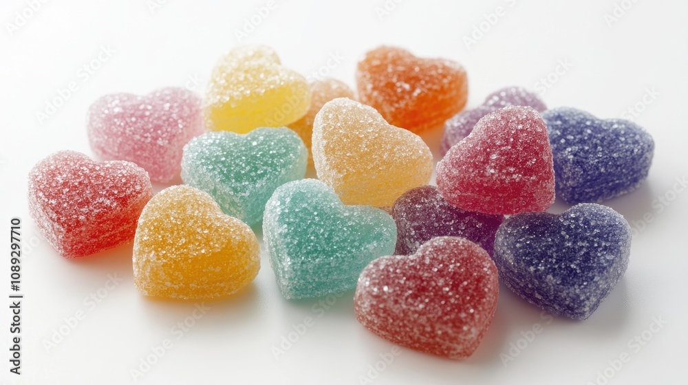Colorful heart-shaped gummy candies arranged attractively, featuring a variety of flavors and sparkling sugar coating, perfect for romantic celebrations. Colorful heart-shaped gummy candies arranged attractively, featuring a variety of flavors and sparkling sugar coating, perfect for romantic celebrations.