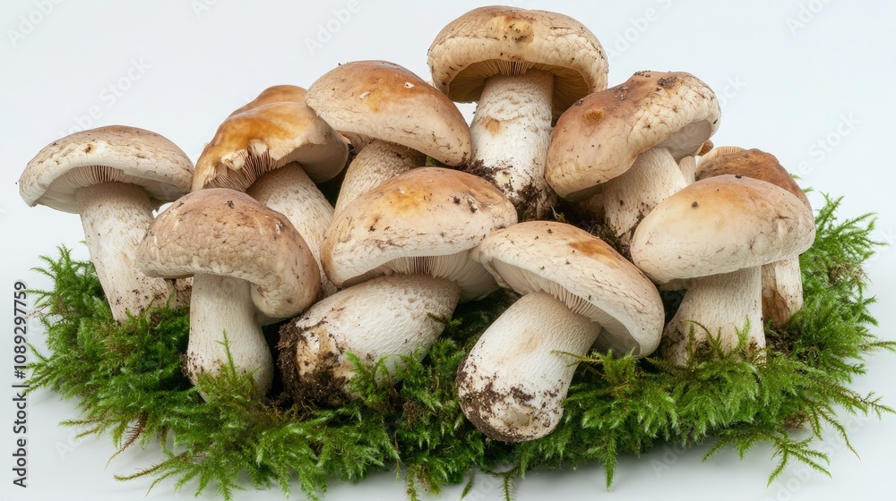 Boletus edulis mushrooms arranged atop lush green moss, surrounded by a picturesque setting featuring a variety of white mushrooms and a forest ambiance. Boletus edulis mushrooms arranged atop lush green moss, surrounded by a picturesque setting featuring a variety of white mushrooms and a forest ambiance.
