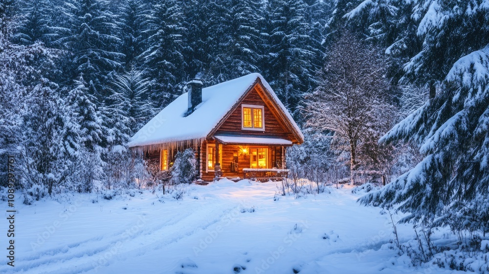 Fototapeta premium Cozy wooden cabin aglow in a snowy forest, surrounded by tall trees, evoking a warm holiday ambiance in a stunning winter landscape.