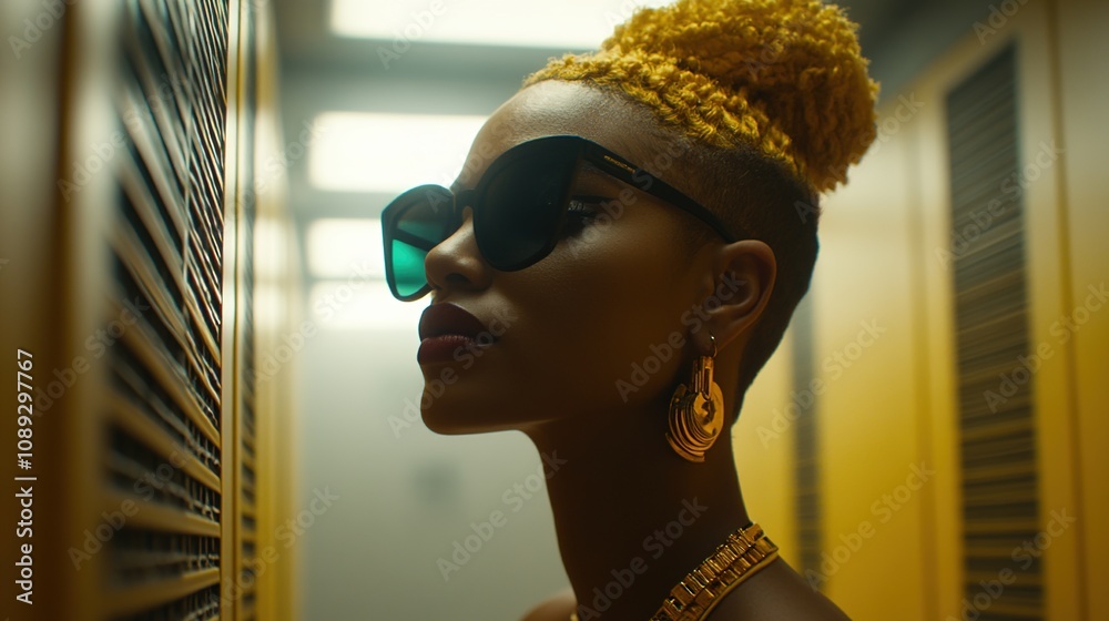 Stylish Young Woman with Natural Hair and Sunglasses Posing in Modern ...