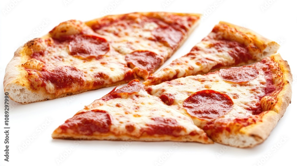 Delicious pepperoni pizza slices arranged on a clean white background showcasing gooey cheese and crispy crust.