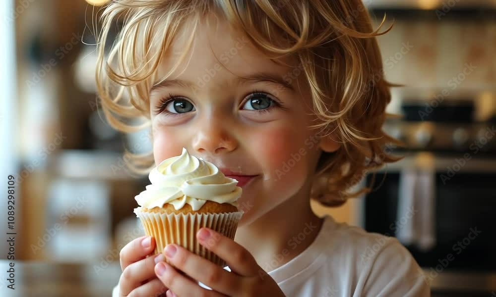 A cheerful child enjoying an ice cream cone with a big smile. A cheerful child enjoying an ice cream cone with a big smile.