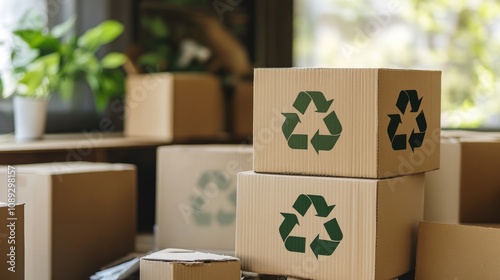 Cardboard boxes with recycling symbols stacked for eco-friendly practices, emphasizing sustainability and the repurposing of materials for a greener future.