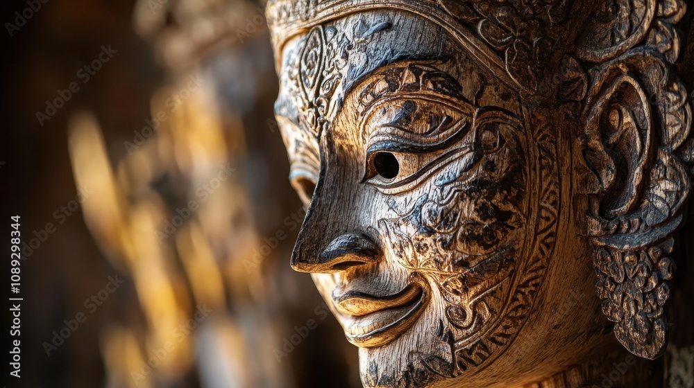 Close-up view emphasizes the expert craftsmanship of a Balinese wooden mask with bright colors Close-up view emphasizes the expert craftsmanship of a Balinese wooden mask with bright colors