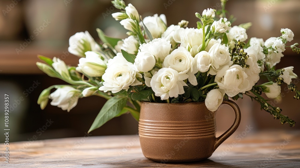 Tranquil Table Setting with a Brown Coffee Mug Surrounded by Fresh White Flowers in Natural Light Tranquil Table Setting with a Brown Coffee Mug Surrounded by Fresh White Flowers in Natural Light