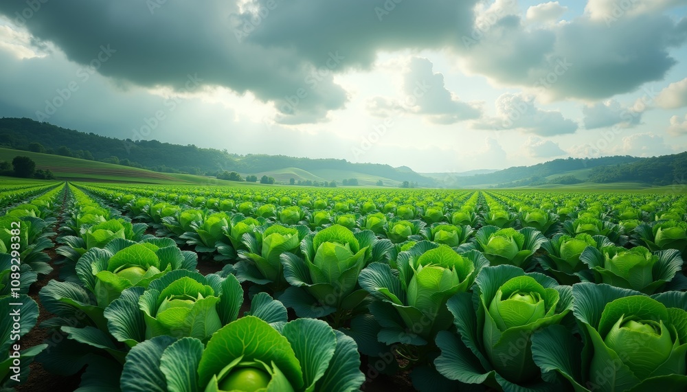 Fototapeta premium Lush Green Cabbage Field Under Dramatic Cloudy Sky with Dew Drops