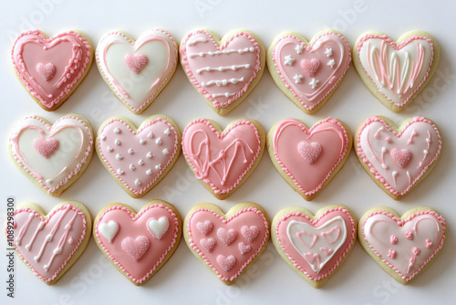 A top view of beautifully decorated heart-shaped cookies with pink and white icing, each adorned with various patterns for Valentine's Day.