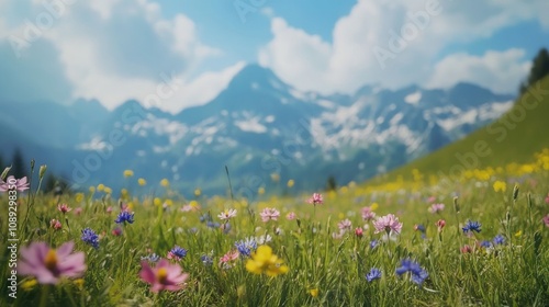 Vibrant spring meadow filled with assorted blooming wildflowers, set against a backdrop of snow-capped mountains and a clear blue sky.