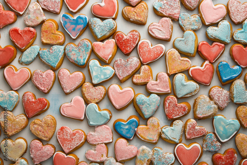 A top view of numerous heart-shaped cookies decorated with colorful icing in shades of pink, blue, and red, sprinkled with sugar for a festive touch.