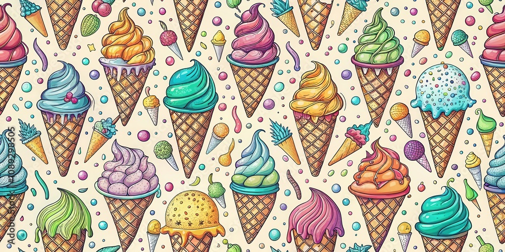 A Colorful Pattern of Ice Cream Cones with Swirling Flavors, Drizzles, and Sprinkles on a Light Background A Colorful Pattern of Ice Cream Cones with Swirling Flavors, Drizzles, and Sprinkles on a Light Background