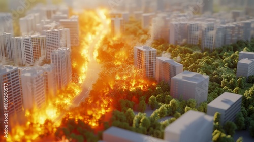 A wide shot of a city consumed by fire. The blaze is intense and raging, engulfing buildings and surrounding trees. Smoke and ash billow into the air, creating a dark and ominous scene.