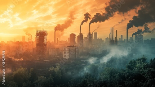 Industrial landscape at sunset with factory chimneys emitting smoke, highlighting issues of pollution and environmental impact of urban industrial activities.