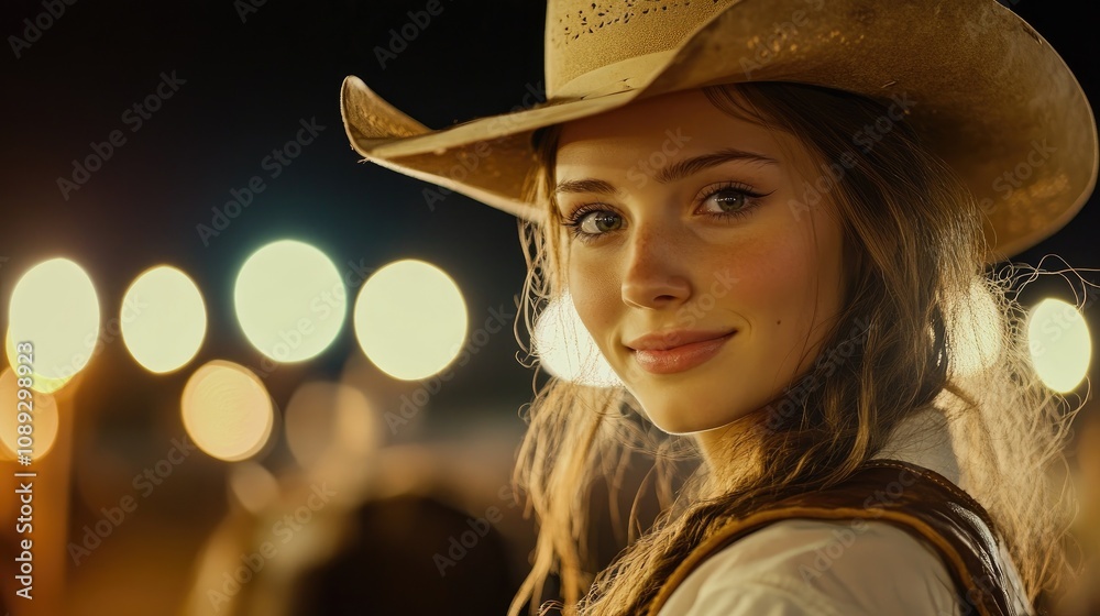Cowgirl with a broad-brimmed hat smiling warmly at an evening rodeo festival, surrounded by soft, glowing lights in the background. Cowgirl with a broad-brimmed hat smiling warmly at an evening rodeo festival, surrounded by soft, glowing lights in the background.