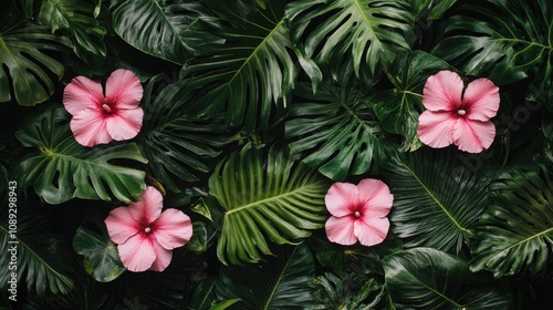 Lush tropical backdrop with vibrant green palm leaves and bright pink hibiscus flowers framed by dark green foliage, creating a rich, exotic ambiance.