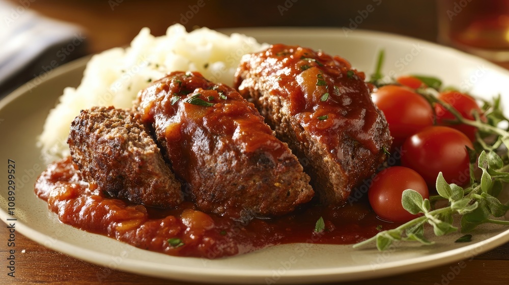 Succulent meatloaf slices drizzled with a tangy red sauce, served with fresh cherry tomatoes and vibrant herbs on a plate with fluffy rice. Succulent meatloaf slices drizzled with a tangy red sauce, served with fresh cherry tomatoes and vibrant herbs on a plate with fluffy rice.