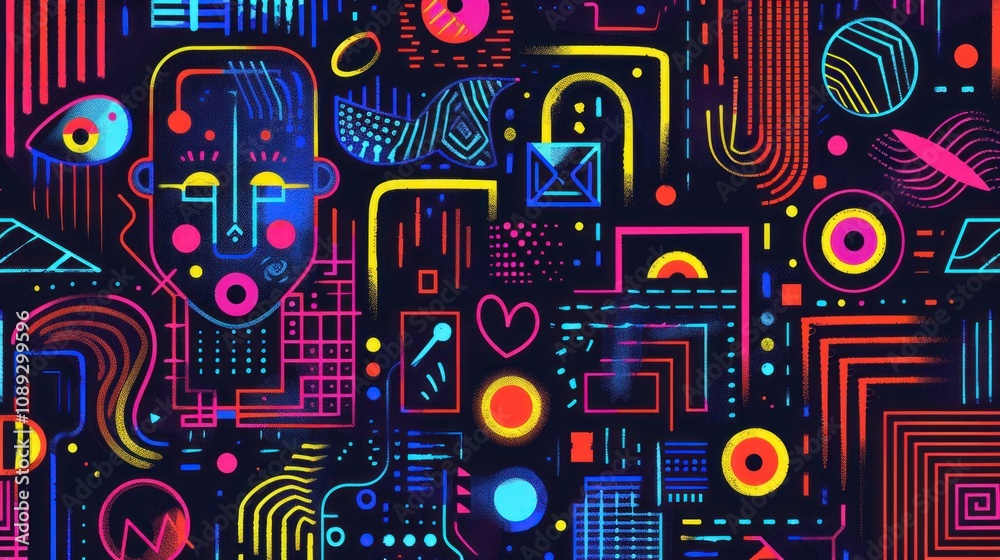 Abstract vibrant geometric pattern with faces and symbols. Abstract vibrant geometric pattern with faces and symbols.