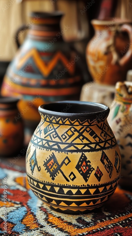 Close-up of a unique handcrafted pot with intricate Southwestern patterns and colors Close-up of a unique handcrafted pot with intricate Southwestern patterns and colors
