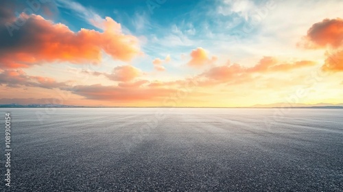 Fototapeta Naklejka Na Ścianę i Meble -  Vibrant orange and pink clouds beautifully contrast against a serene blue sunset sky over a tranquil, empty asphalt landscape.