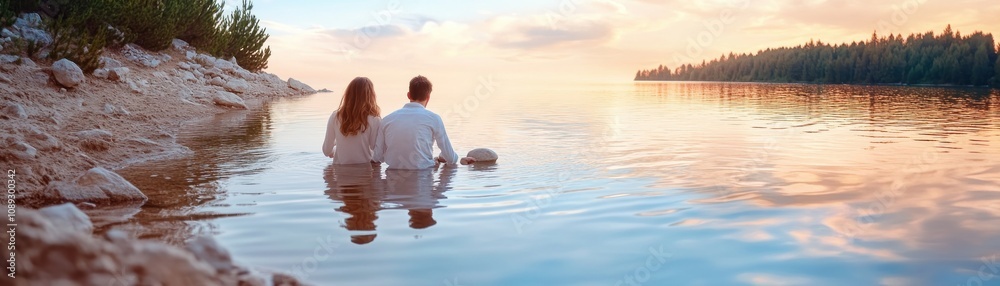 A candid photo captures a loving couple skipping stones on a serene lake at sunset, their playful connection mirrored in the calm water This picturesque scene embodies romance, tranquility, and the