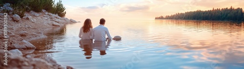 Obraz na płótnie A candid photo captures a loving couple skipping stones on a serene lake at sunset, their playful connection mirrored in the calm water This picturesque scene embodies romance, tranquility, and the w salonie