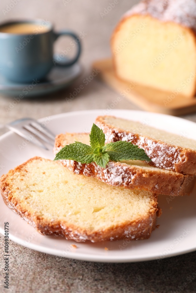 Freshly baked sponge cake and coffee on light grey table, closeup Freshly baked sponge cake and coffee on light grey table, closeup