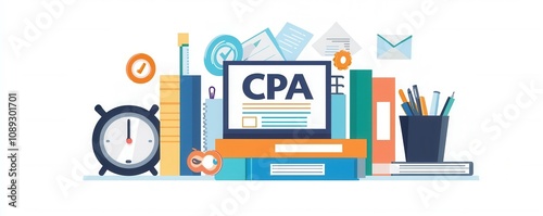 Certified Public Accountant Accountants. A digital illustration featuring educational materials, a clock, and stationery, centered around CPA (Certified Public Accountant) studies.