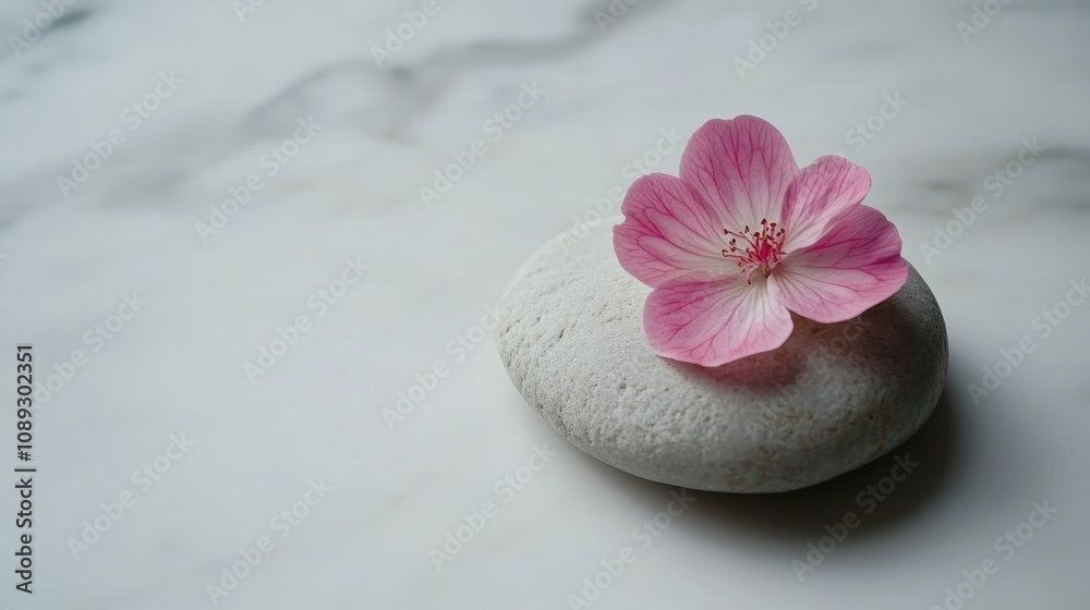 Spa stones featuring a delicate pink flower delicately placed on a smooth white surface, enhancing tranquility and relaxation themes. Spa stones featuring a delicate pink flower delicately placed on a smooth white surface, enhancing tranquility and relaxation themes.