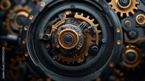 Close-up view of intricate mechanical gears and cogs interlocking in a complex, detailed arrangement with gold and gray metallic elements. photo