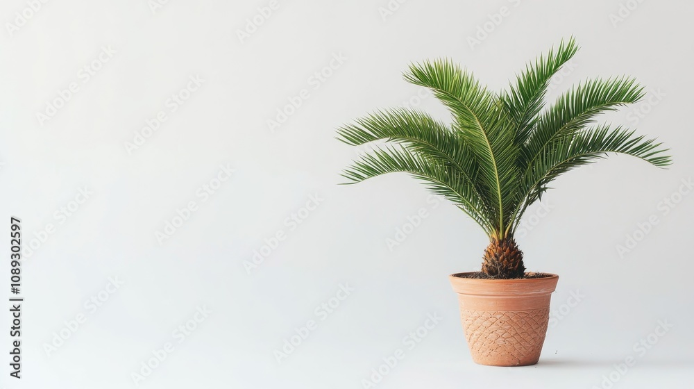Fototapeta premium Sago palm in a textured terracotta pot, showcasing its lush green fronds against a minimalist white background.