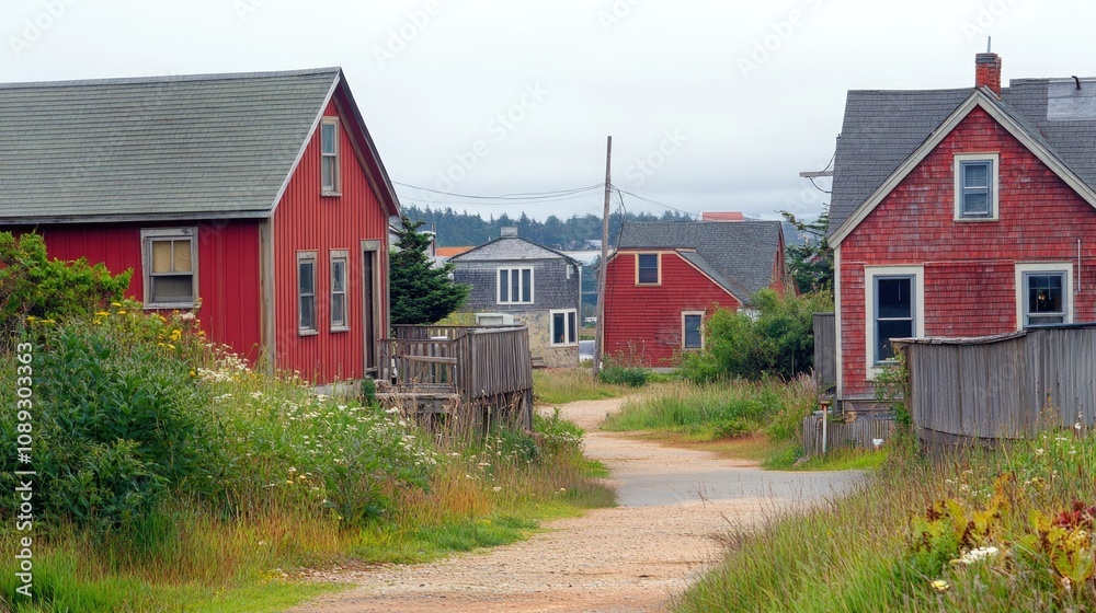 Charming row of wooden houses with a vibrant red house prominently positioned in the background, surrounded by lush greenery and a gravel pathway. Charming row of wooden houses with a vibrant red house prominently positioned in the background, surrounded by lush greenery and a gravel pathway.