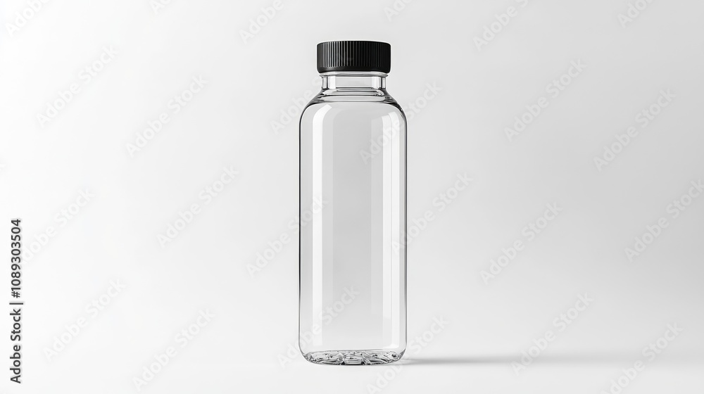 Clear plastic water bottle with a black lid against a minimalist white background, showcasing its transparent design and sleek shape. Clear plastic water bottle with a black lid against a minimalist white background, showcasing its transparent design and sleek shape.